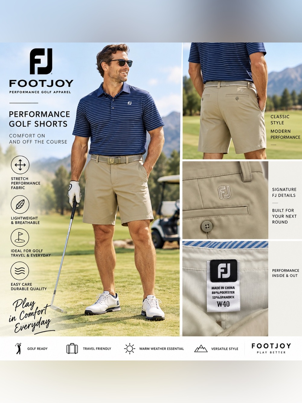 FootJoy Performance Golf Shorts Men’s 40 Light Khaki Tan Stretch 9” Inseam